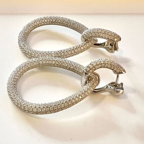 Sterling Silver Rhodium-plated 716 Stone Pavé CZ Hinged Teardrop Hoop Earrings - Picture 8 of 11